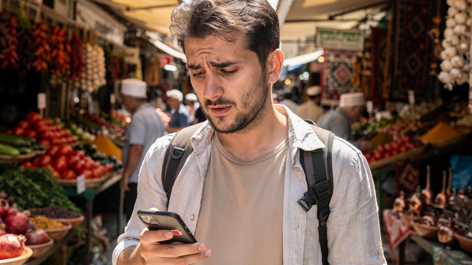Ein Reisender blickt mit besorgtem Ausdruck auf sein Smartphone, dessen Bildschirm eine leere Batterie anzeigt, während er auf einem belebten, traditionellen Markt in Baku steht.
