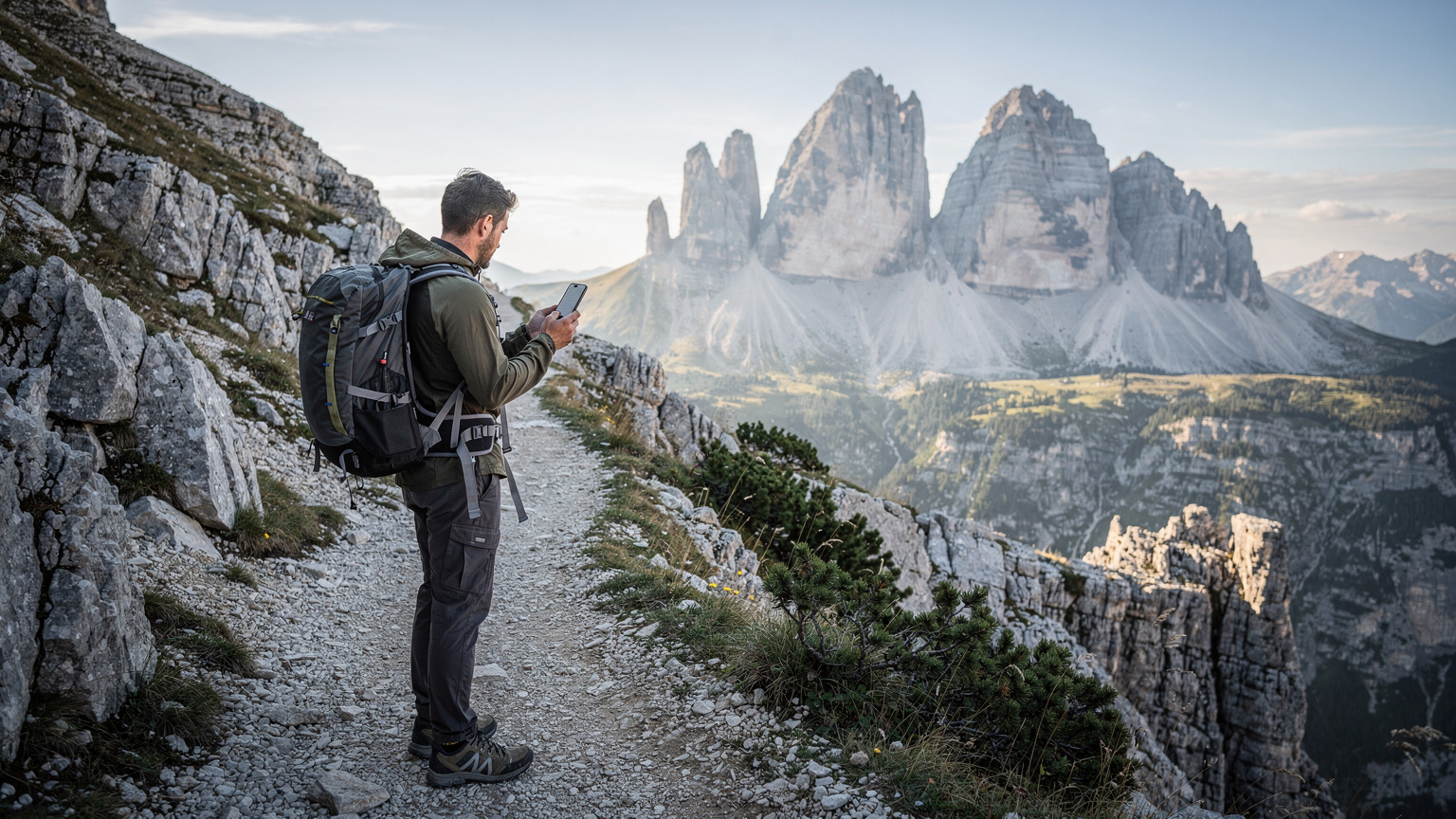 Un escursionista con zaino sta consultando il suo smartphone per controllare la mappa e il segnale della sua eSIM, mentre si trova su un sentiero roccioso delle Dolomiti, con le maestose Tre Cime di Lavaredo che si ergono sullo sfondo sotto un cielo sereno.