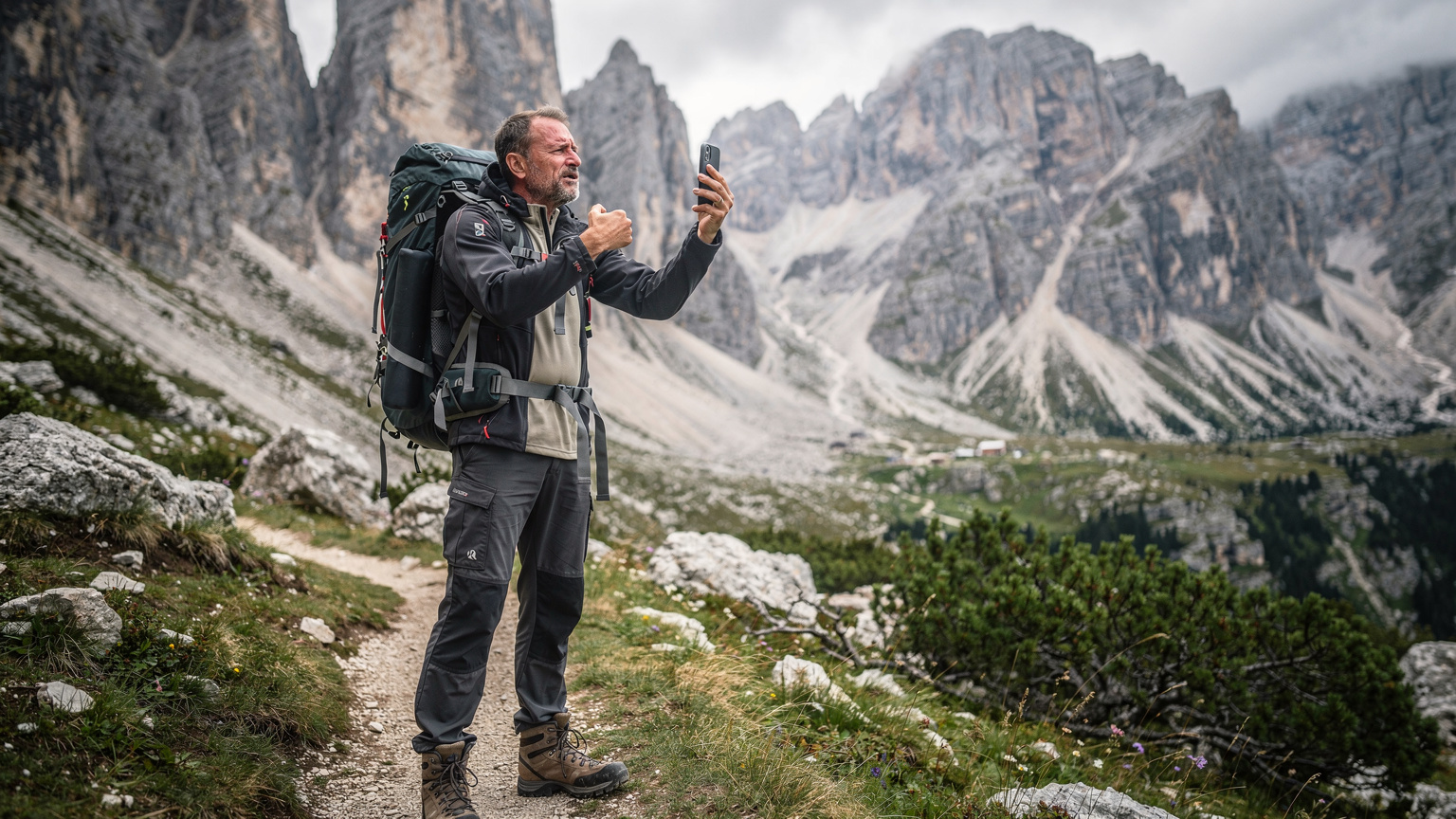 Un uomo con uno zaino, in una remota valle montuosa delle Dolomiti, guarda con espressione frustrata il suo smartphone che mostra 'Nessun servizio', mentre cerca disperatamente un segnale di rete.