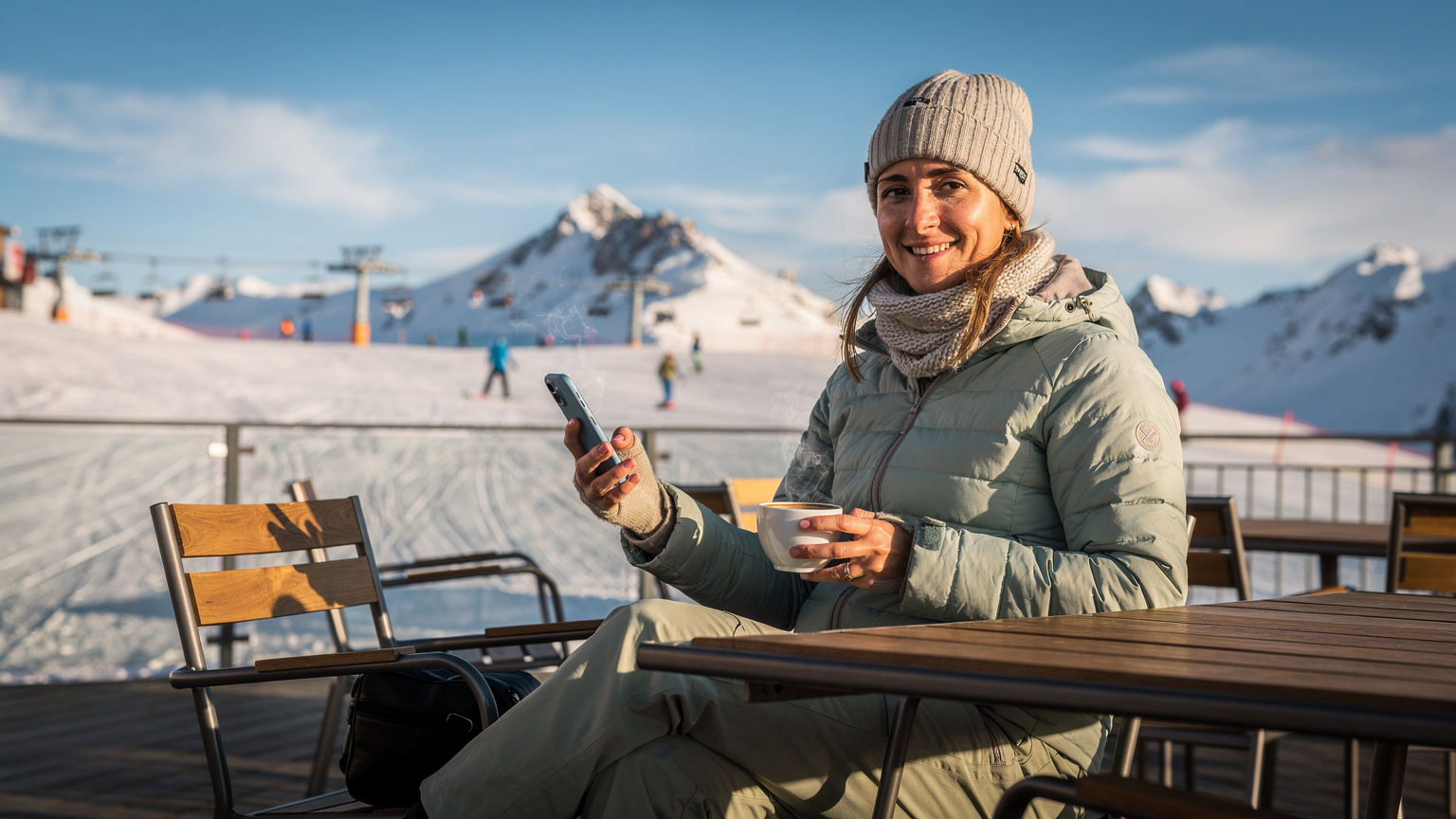 Una esquiadora revisando su teléfono mientras toma un café humeante en la terraza de un refugio de montaña en el Valle Nevado, Chile, con las pistas nevadas de fondo.
