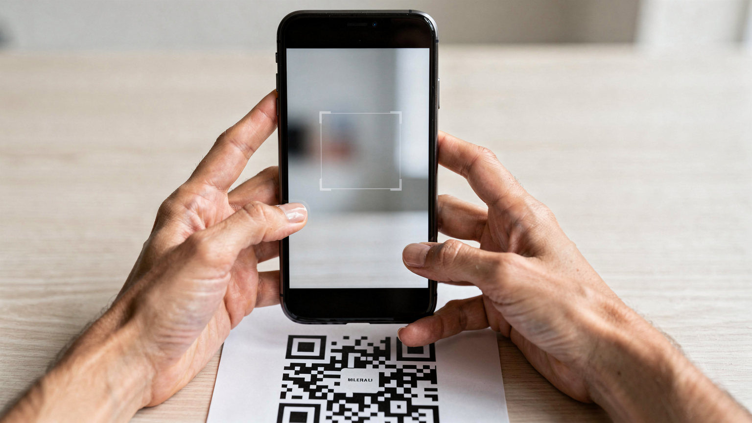 Manos de una persona sosteniendo un iPhone mostrando el proceso de escaneo de un código QR para activar una eSIM, con un fondo minimalista y limpio.