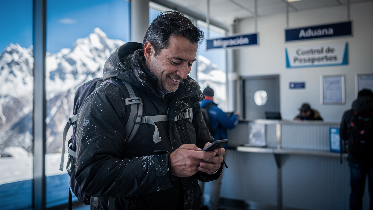 Un viajero con mochila de esquí revisando su teléfono con una expresión de alivio, parado en el área de aduanas del Paso Los Libertadores, con montañas cubiertas de nieve al fondo.
