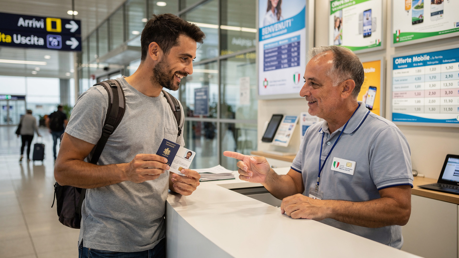 Un voyageur souriant montre son passeport et une carte SIM physique fraîchement achetée à un employé de télécommunications dans un petit kiosque d'aéroport en Italie, symbolisant l'achat de connectivité locale.