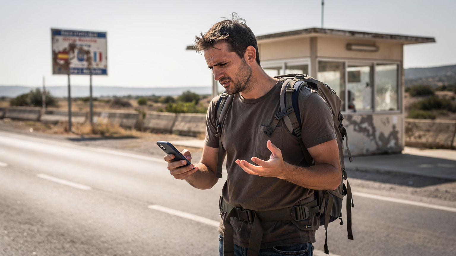 Un voyageur frustré tient son téléphone, l'écran affichant un message d'erreur de connexion, à un poste frontière terrestre entre deux pays européens. Son visage exprime le désarroi face à l'absence de réseau.