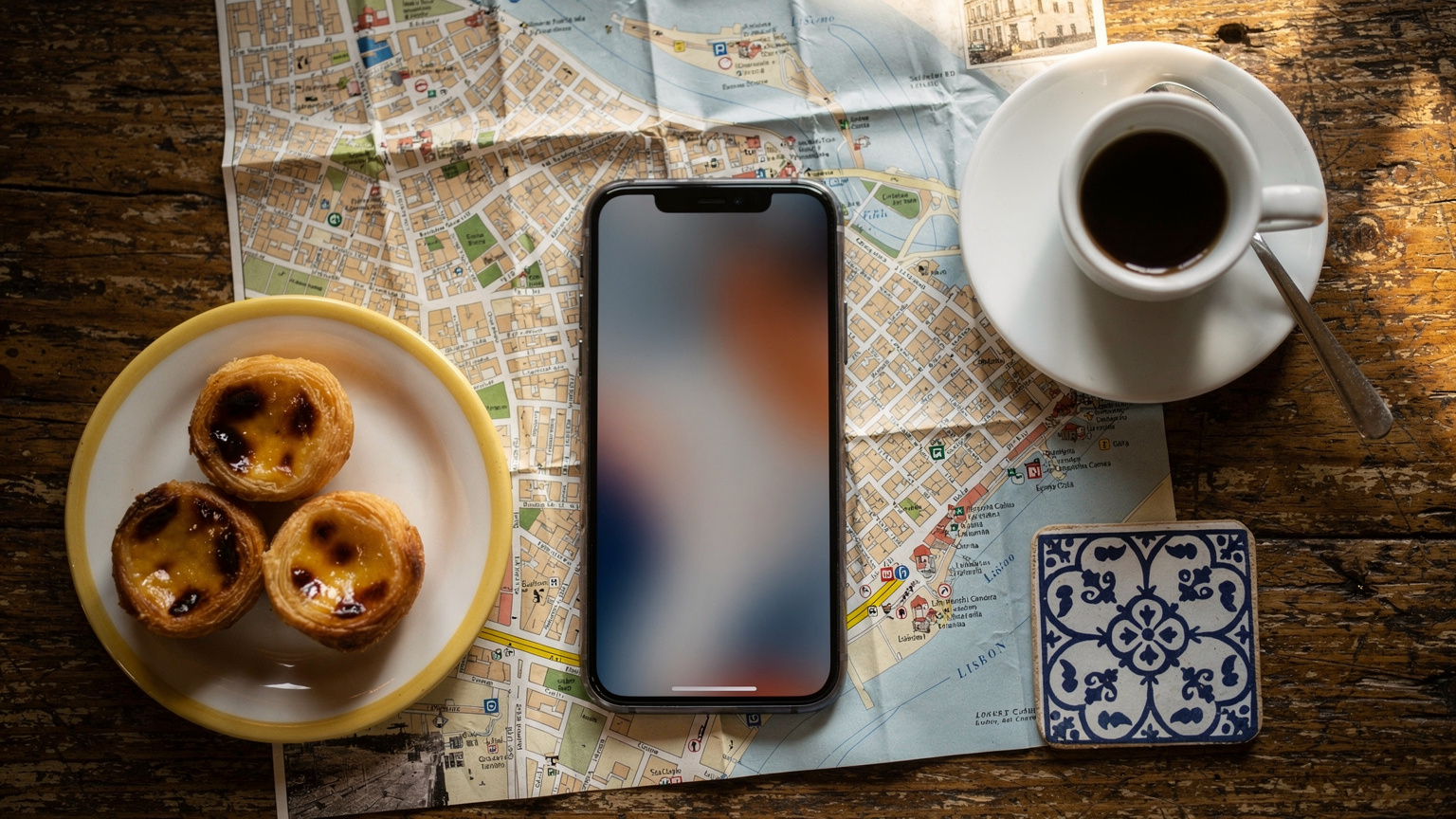 Un smartphone avec un écran affichant des options de connectivité eSIM, posé sur une carte touristique froissée d'un quartier animé de Lisbonne, avec des pastéis de nata et une tasse de café en arrière-plan.