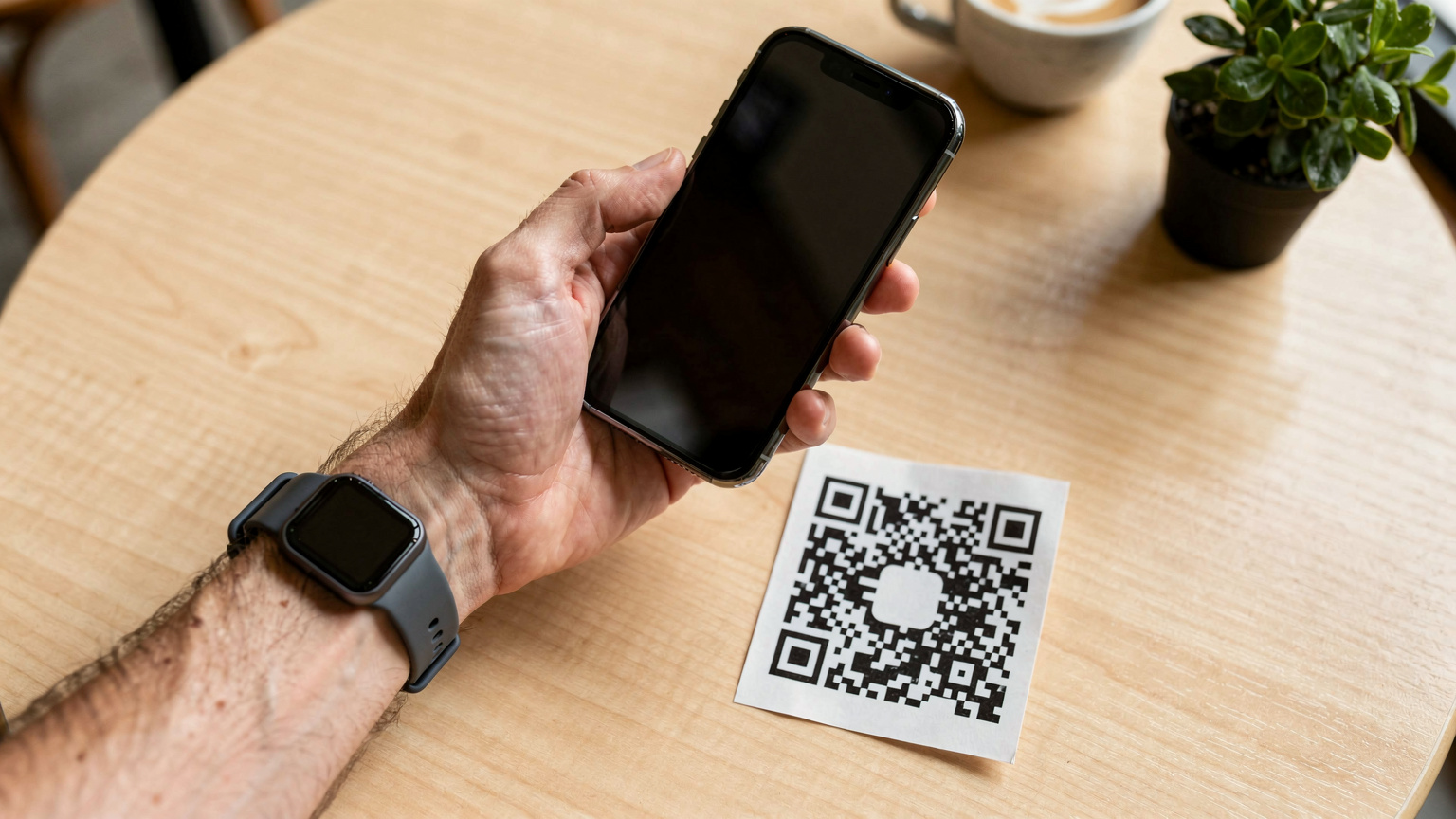 O mână de om cu un ceas modern scanează un cod QR de pe o fișă imprimată, cu un smartphone modern, pe o masă de lemn într-un cadru luminos de cafenea.