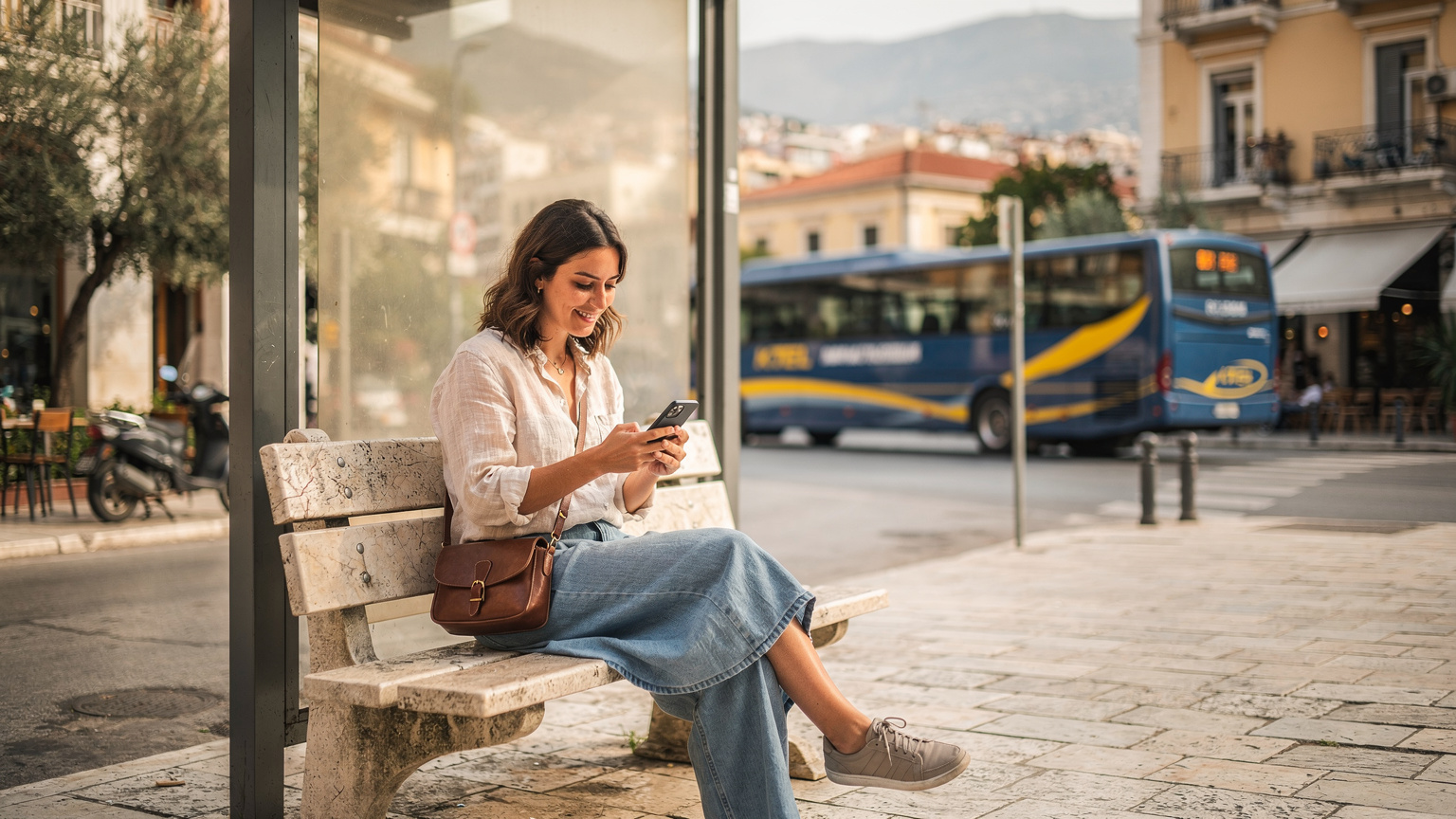 O femeie tânăra zâmbește în timp ce se uită la harta de pe telefonul ei, stând pe o bancă într-o stație de autobuz din Atena, cu un autobuz KTEL de culoare albastră și galbenă în fundal.