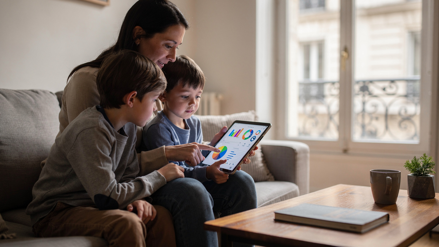 Une mère montre à son fils de 8 ans comment utiliser l'application "Temps d'écran" sur un iPad, affichant des graphiques de consommation d'applications, dans le salon d'un appartement parisien.
