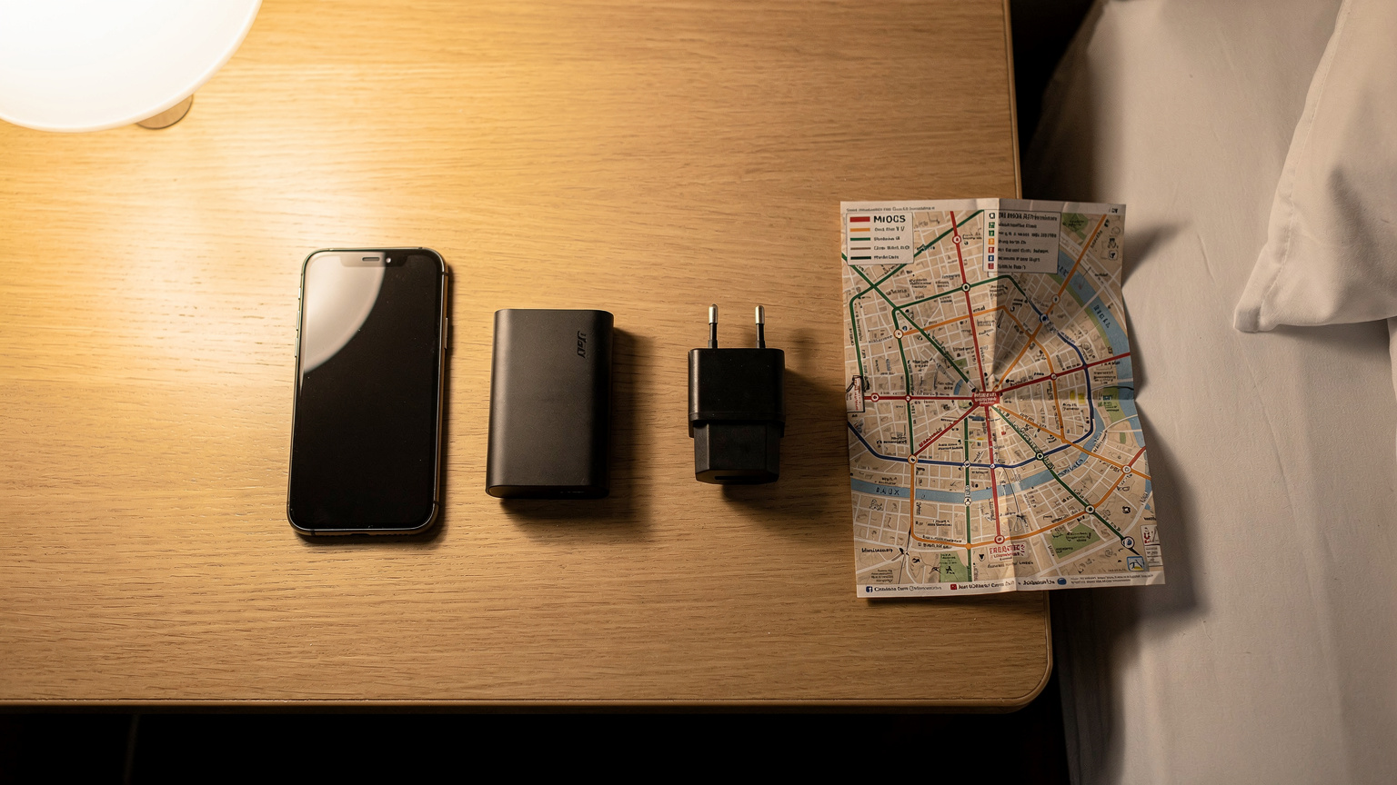 Un téléphone portable, une batterie externe compacte et un adaptateur de prise universel sont posés sur une table de chevet dans une chambre d'hôtel simple à Paris, avec une carte de métro dépliée à côté.