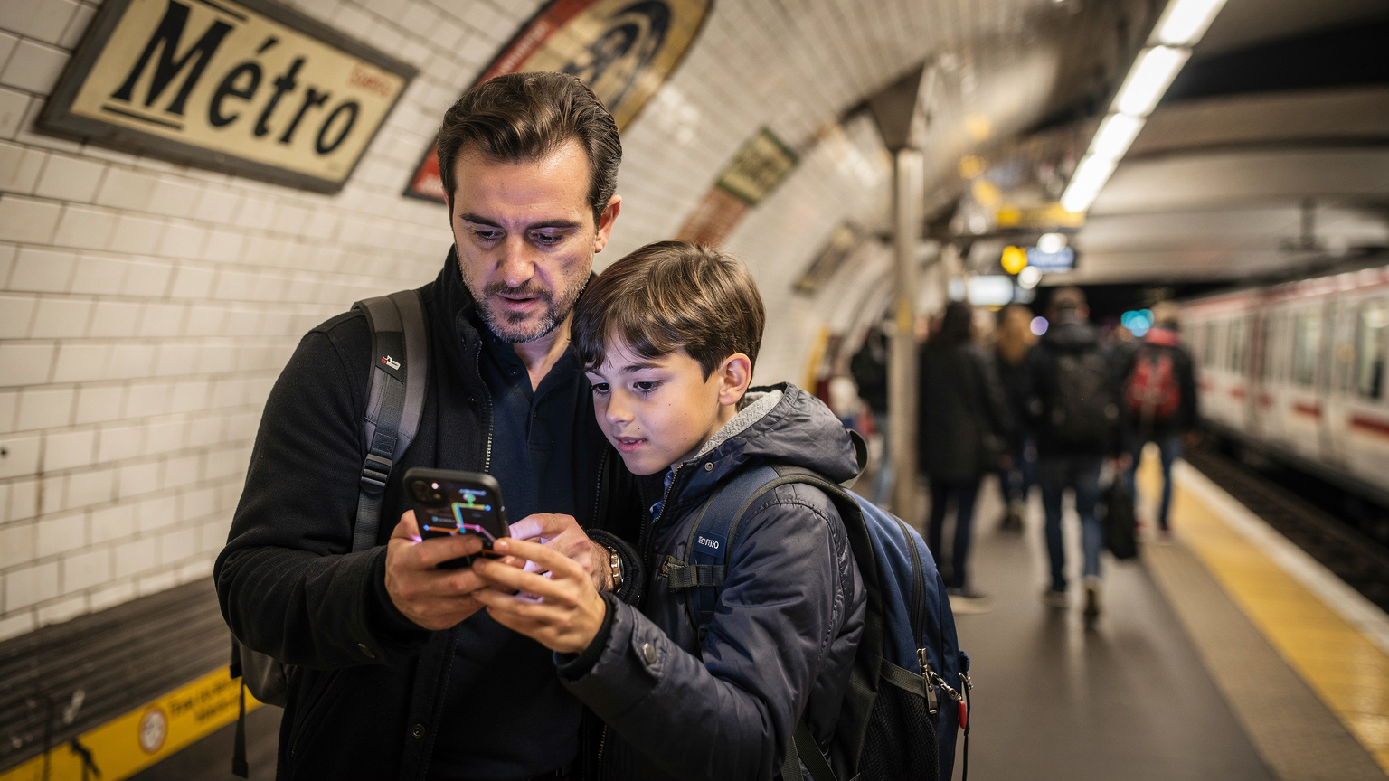 Un père et son fils de 10 ans consultent un smartphone pour naviguer dans une station de métro parisienne animée, affichant une application de transport en temps réel.