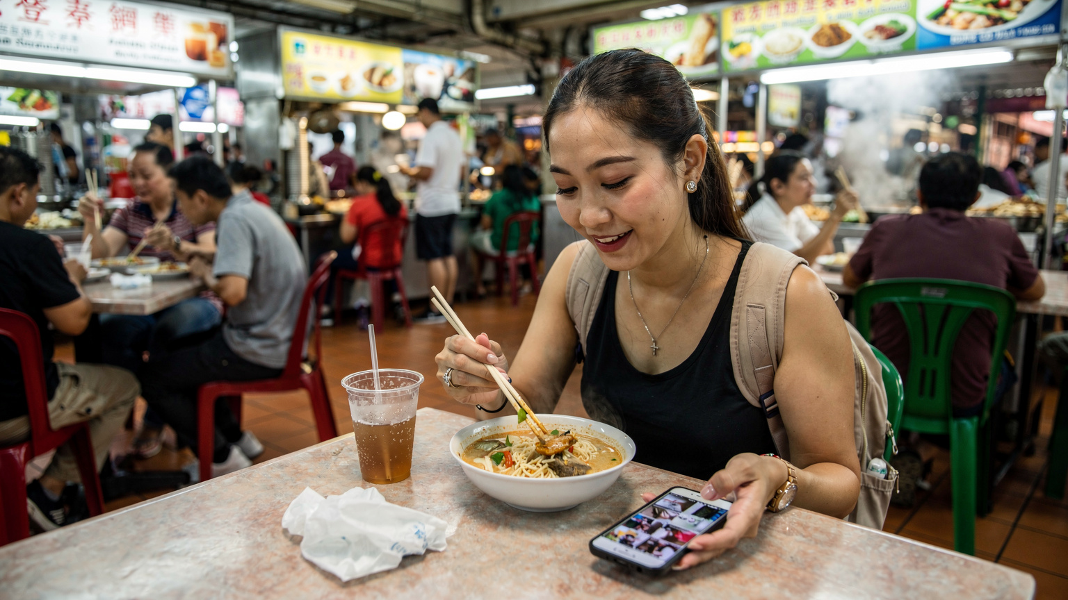 シンガポールのホーカーセンターで、地元の料理を楽しみながらスマートフォンで写真を見ているアジア人女性旅行者。