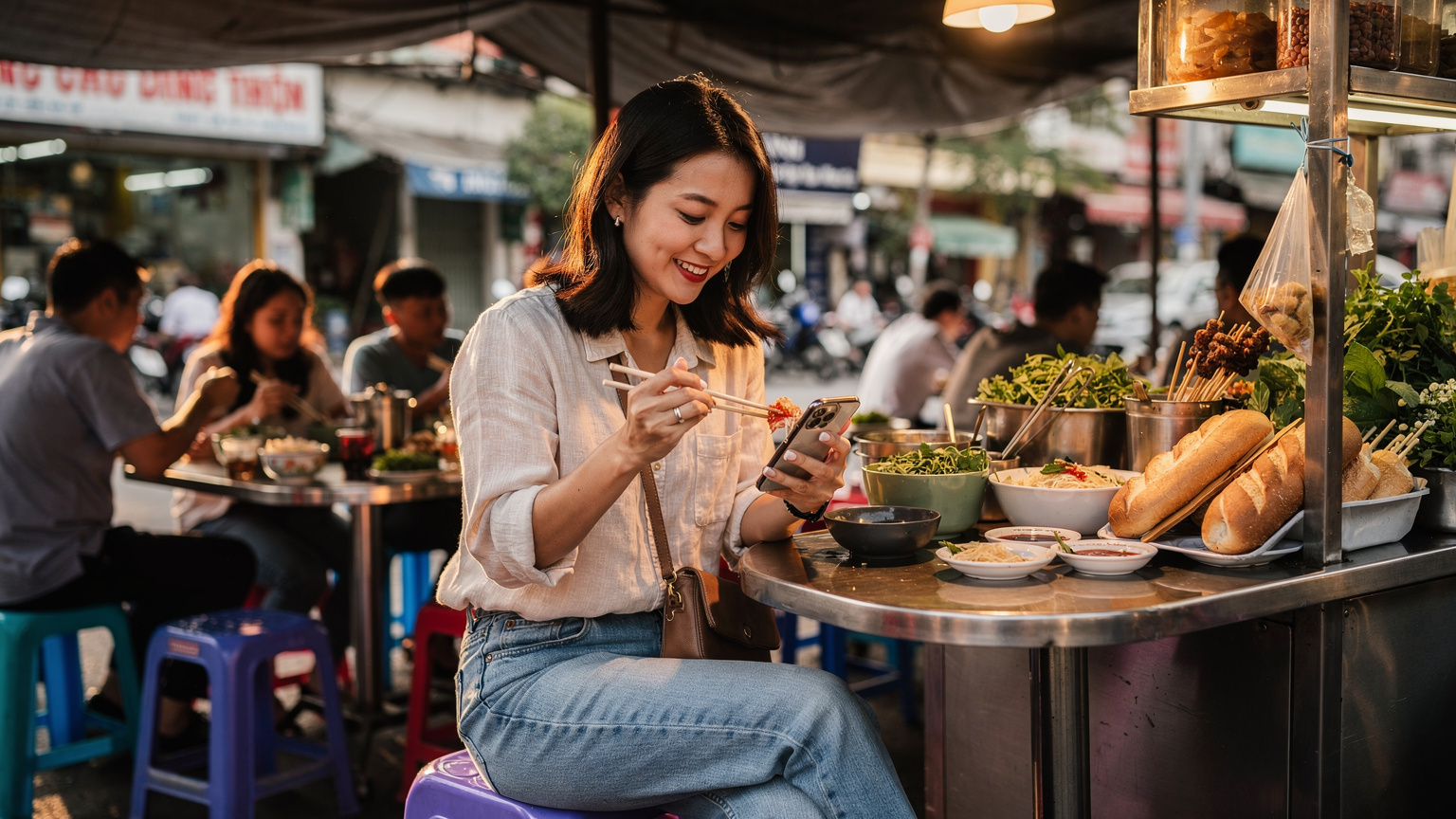ベトナムのホーチミンの路上屋台で、地元の料理を楽しみながらスマートフォンで写真を見ているアジア人女性旅行者。