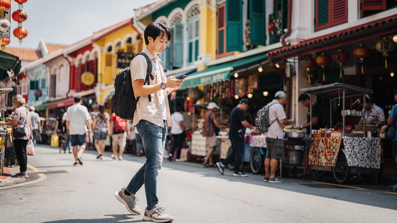 シンガポールのチャイナタウンで、スマートフォンを片手に地図アプリを確認しながら歩く日本人男性旅行者。
