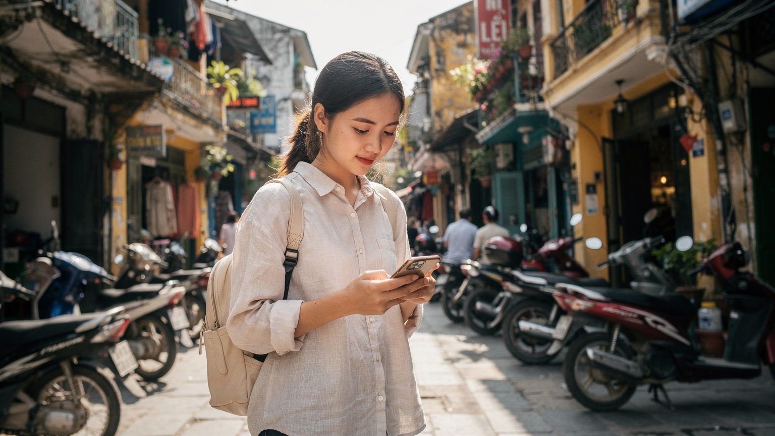 Một du khách trẻ đang xem bản đồ kỹ thuật số trên iPhone của mình ở khu phố cổ Hà Nội, với những ngôi nhà ống đặc trưng và xe máy phía sau.