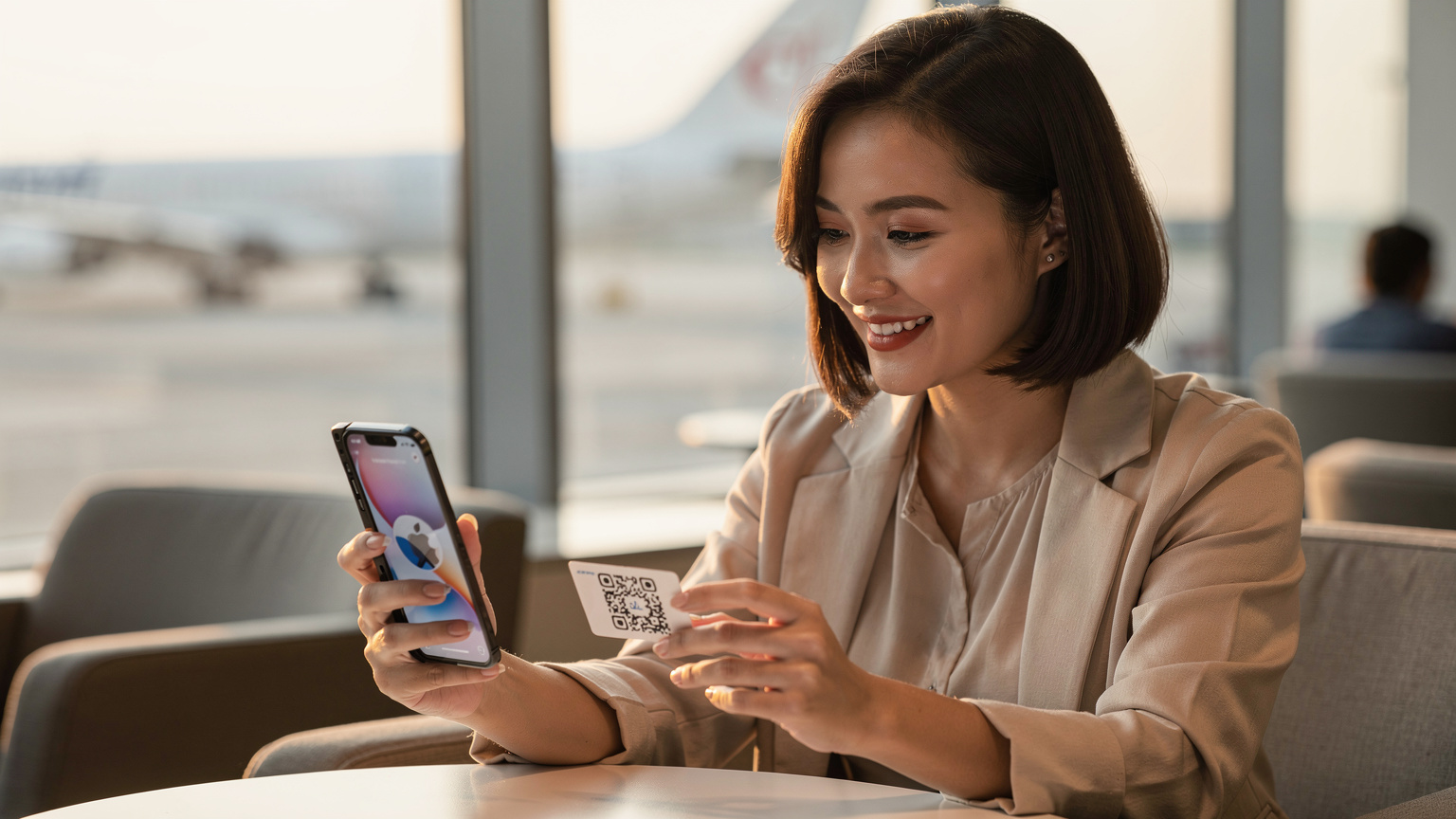 Một phụ nữ Việt Nam đang mỉm cười, kích hoạt eSIM trên iPhone của mình tại sảnh chờ sân bay quốc tế, với khung cảnh máy bay qua cửa sổ.
