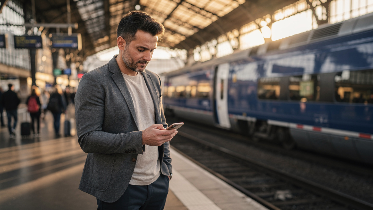Một người đàn ông đang xem điện thoại tại nhà ga xe lửa ở Paris, với tàu TGV màu xanh hiện đại phía sau, trong ánh sáng ban chiều.