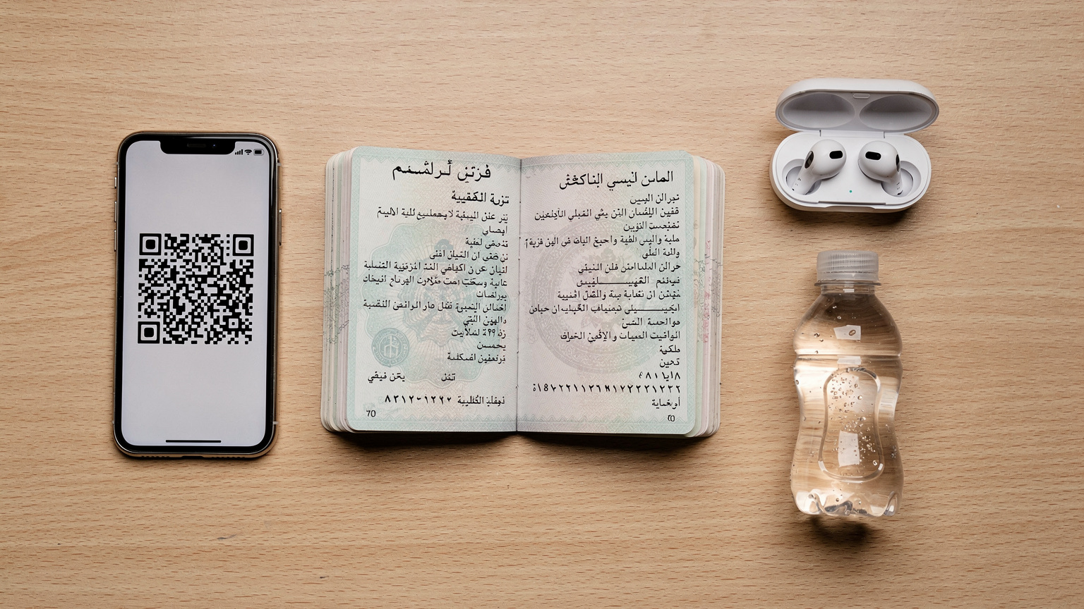 صورة علوية مسطحة (flat-lay) لمكتب منظم به جواز سفر، هاتف ذكي يعرض شاشة بها رمز QR، سماعات أذن، وقارورة ماء زمزم صغيرة، توحي بالتجهيز لرحلة العمرة.