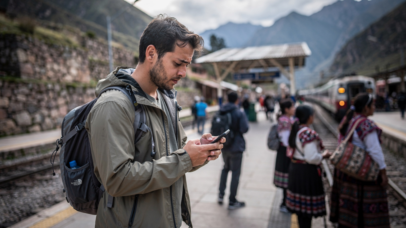 Un viajero en la estación de tren de Ollantaytambo esperando el tren a Machu Picchu, revisando su teléfono con una expresión de ligera preocupación por la señal.