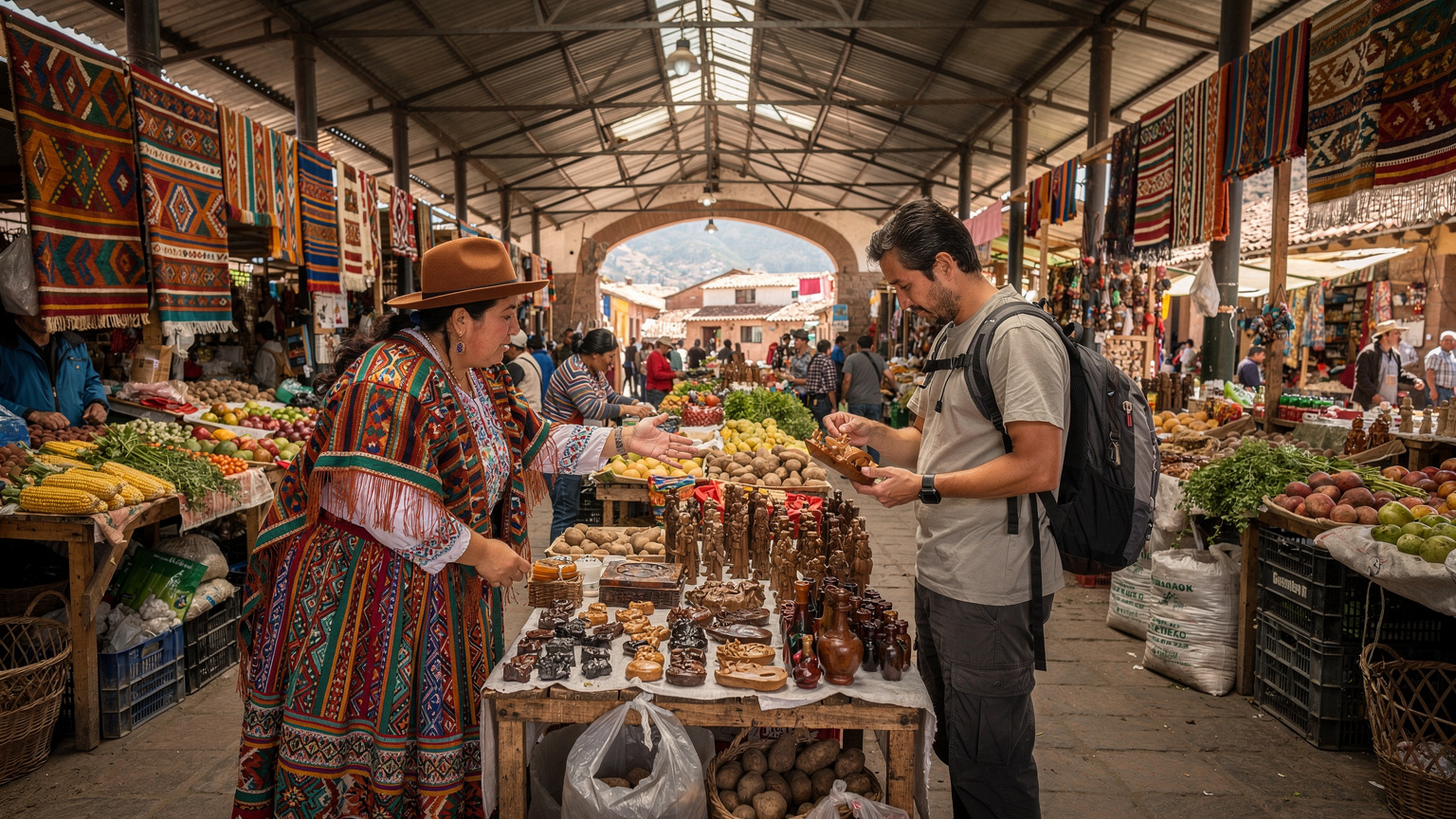 Un bullicioso mercado local en Cusco con puestos de artesanías y alimentos, un ambiente vibrante donde los viajeros buscan conexión, con un vendedor local atendiendo a un turista.