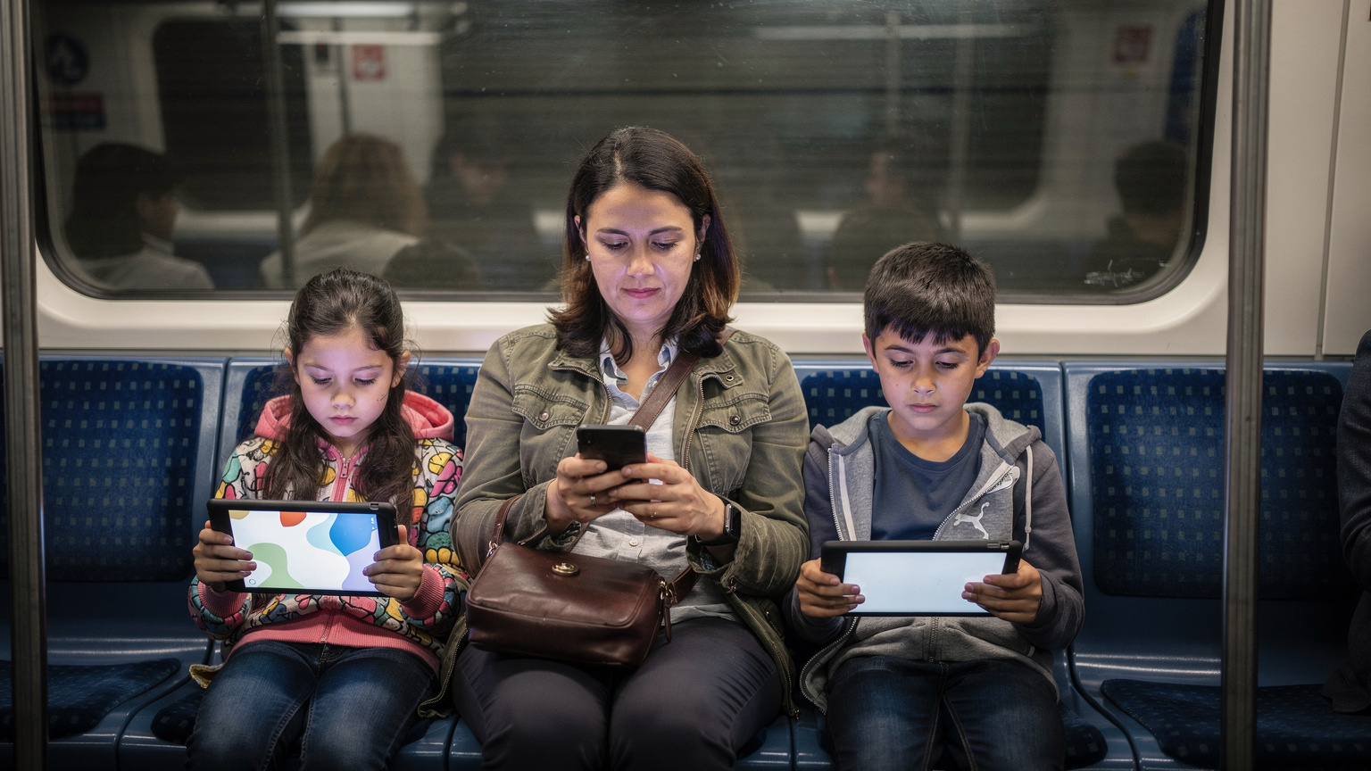 Londra metrosunda, bir anne telefonundan çevrimdışı haritayı kontrol ederken, çocukları tabletlerinden oyun oynuyor.