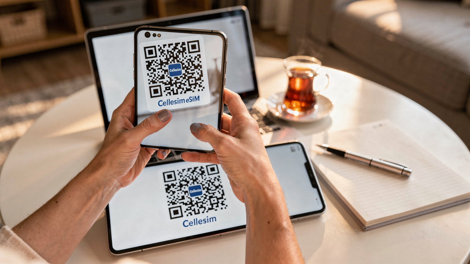 Bir annenin elinde tuttuğu akıllı telefonda, Cellesim uygulamasındaki QR kodunu tarayarak eSIM kurulumunu tamamladığı an.