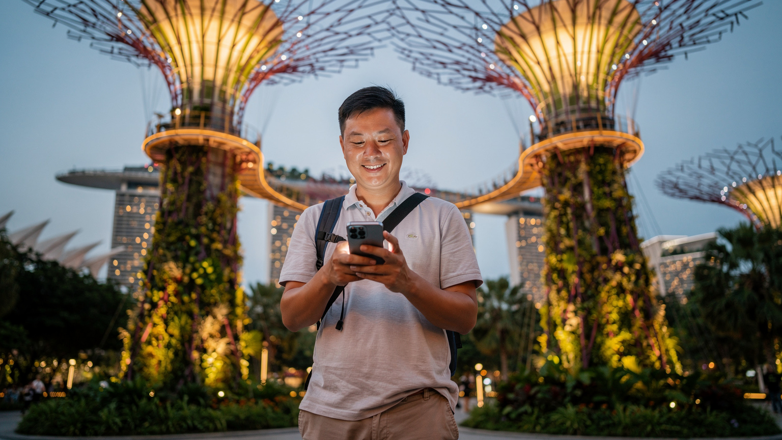 一名中国男性旅行者,手持华为Pura系列手机,在新加坡滨海湾花园的擎天大树下,表情轻松地刷着社交媒体,手机屏幕上显示着流畅的视频内容。