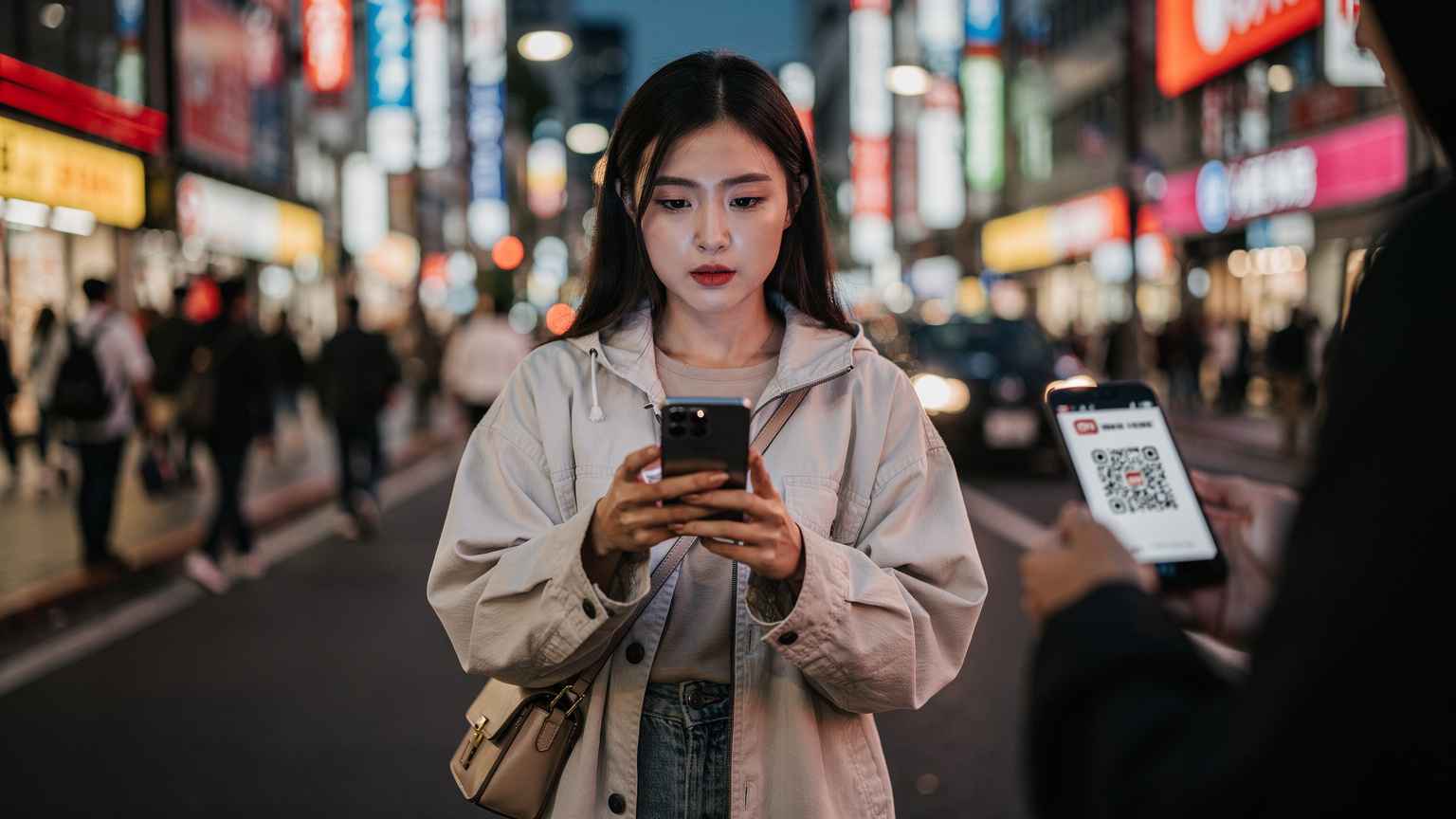 一名年轻的中国女性在东京新宿街头,用华为Pura手机扫描eSIM二维码,周围是繁忙的人群和高楼林立的霓虹灯。