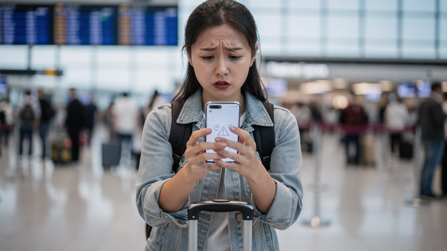 一名中国女性旅行者,面带焦急地看着华为Pura手机屏幕,手机上显示“无服务”或“网络连接失败”的提示,背景是繁忙的国际机场候机大厅。