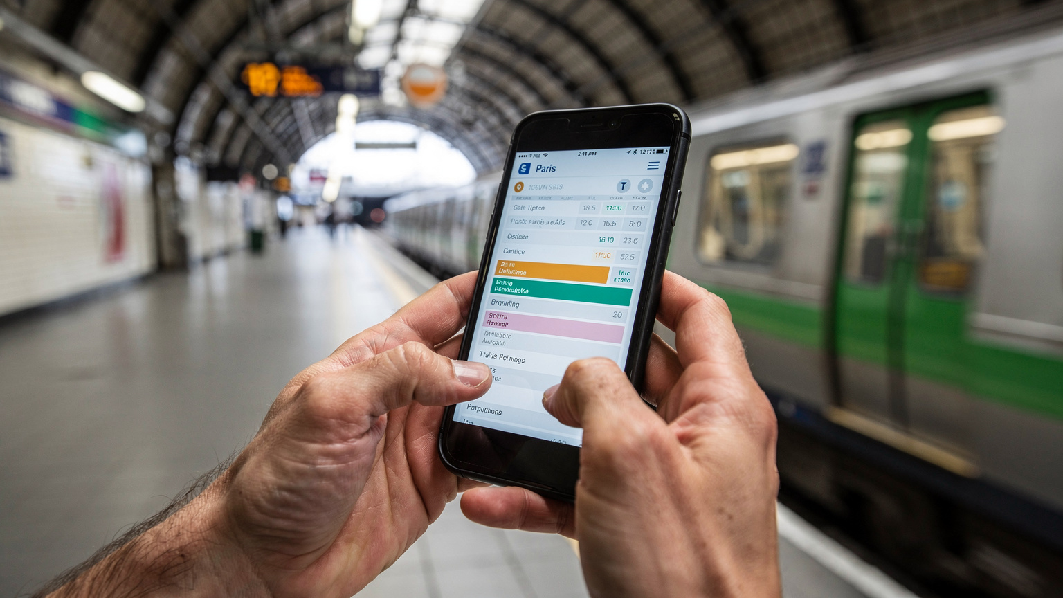 Nahaufnahme von Händen, die ein Smartphone mit der Fahrplan-App der Pariser Metro anzeigen, während ein Zug im Hintergrund in den Bahnhof Gare du Nord einfährt.