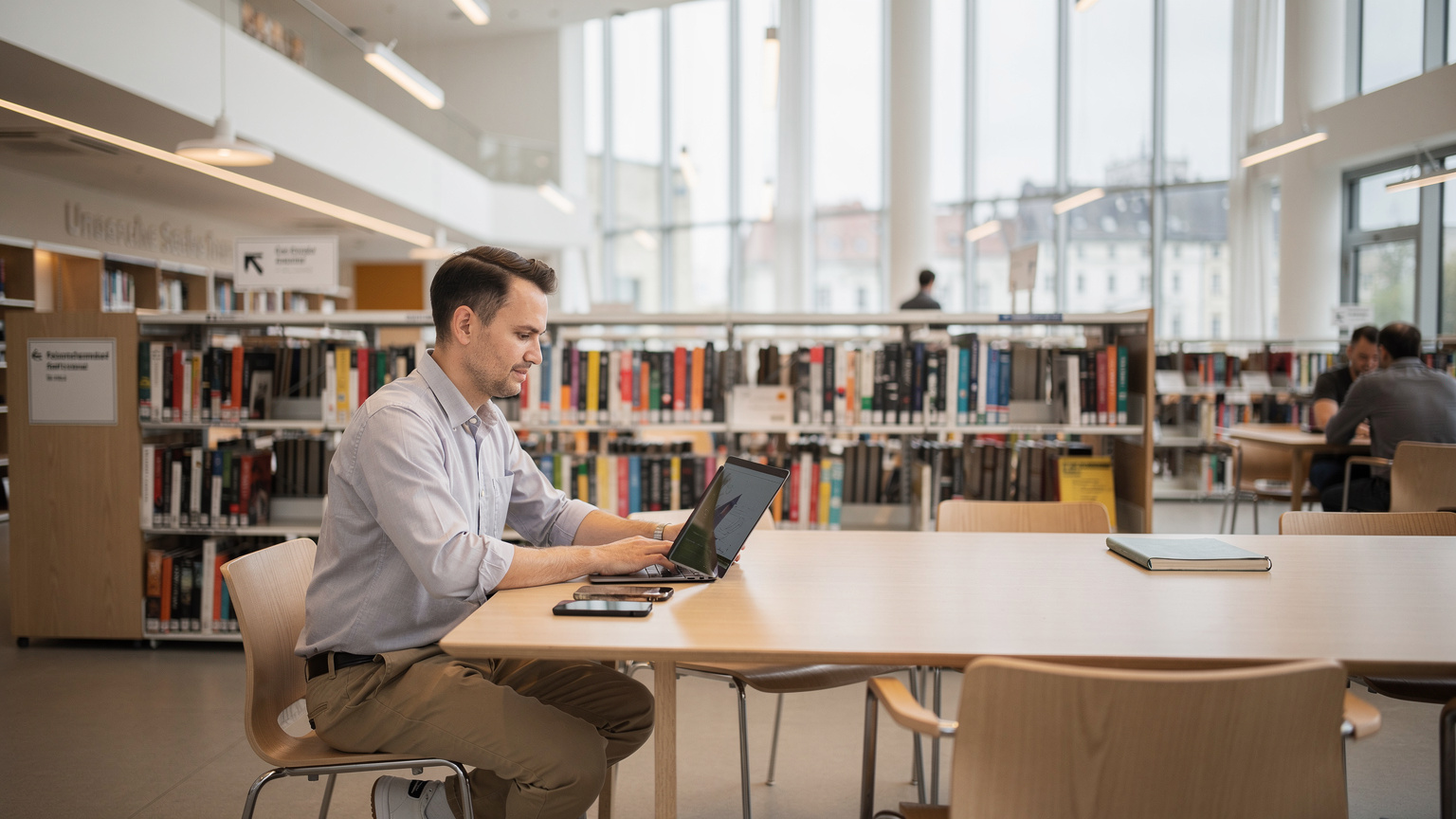 Eine Person sitzt an einem modernen Lesetisch in einer klimatisierten öffentlichen Bibliothek in Wien und arbeitet konzentriert an einem Laptop, mit einem Smartphone daneben.