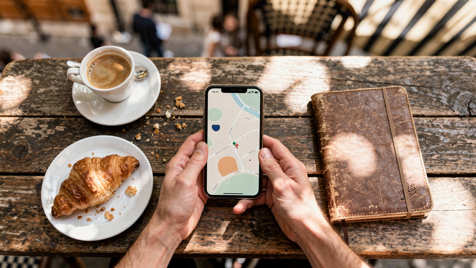 カフェのテラス席で、スマートフォンを手にリラックスした様子の旅行者。画面には地図アプリが表示され、コーヒーカップと地元の焼き菓子がテーブルに置かれている。