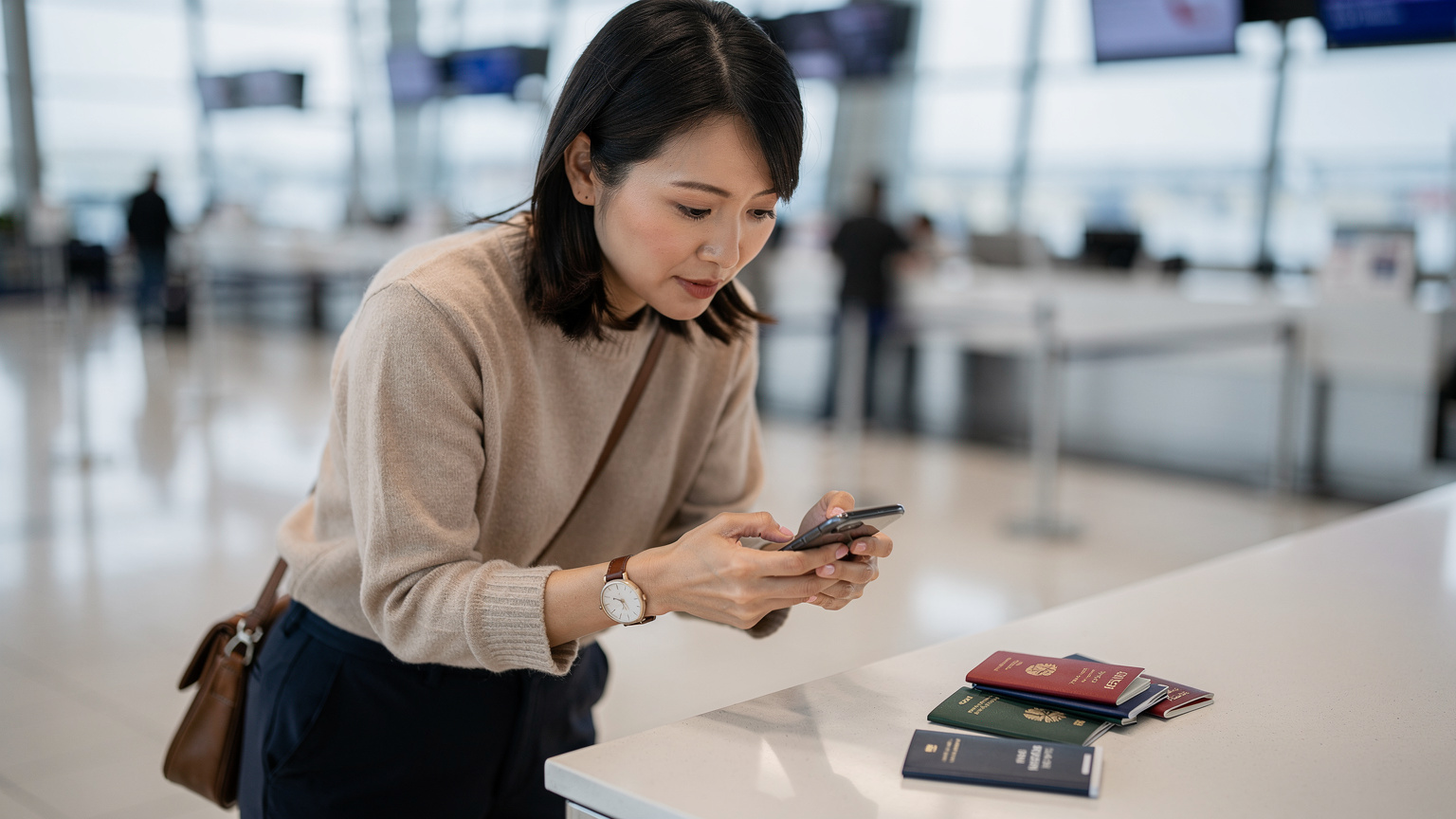 空港のチェックインカウンターで、スマートフォンでeSIMの設定を確認する旅行者の横顔。隣にはパスポートと搭乗券が置かれている。