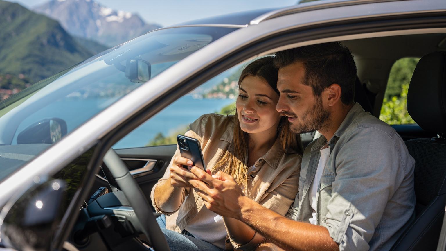 Ένα ζευγάρι παρακολουθεί τη διαδρομή στο smartphone του, ενώ το αυτοκίνητό τους είναι σταθμευμένο με θέα τη Λίμνη Κόμο και τις Άλπεις στο βάθος.
