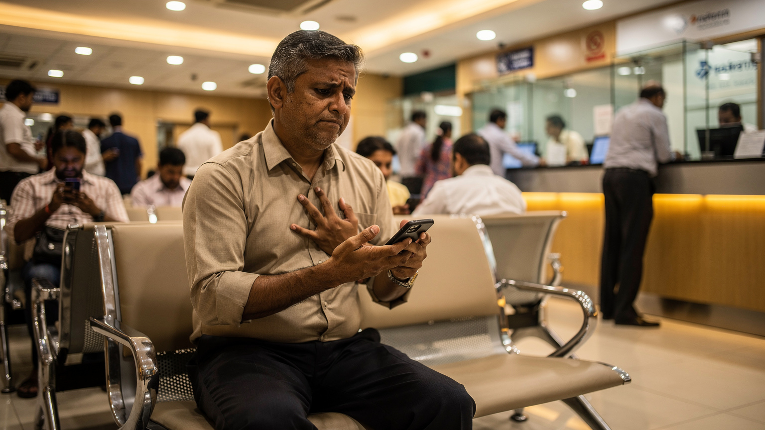 A man looking visibly frustrated, holding his smartphone and gesturing slightly, sitting in a crowded, modern bank lobby in Mumbai, India, with other customers waiting in the background.