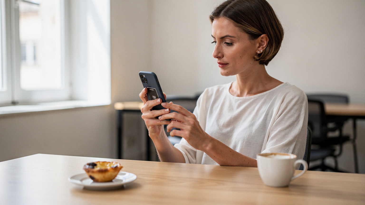 A woman at a bright, minimalist co-working desk in Lisbon, Portugal, focused on her smartphone screen, adjusting dual-SIM settings, with a fresh pastel de nata and coffee cup nearby.