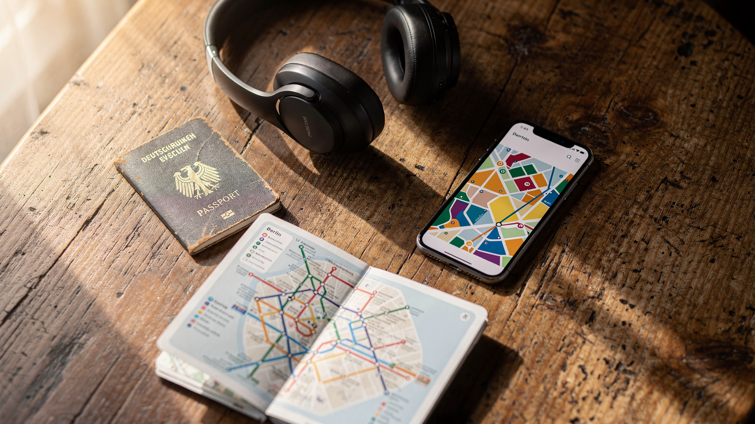 An organized flat-lay of travel essentials: a well-worn German passport, a smartphone displaying a map app, a pair of premium noise-canceling headphones, and a detailed map of Berlin's U-Bahn system, all neatly arranged on a rustic wooden cafe table.