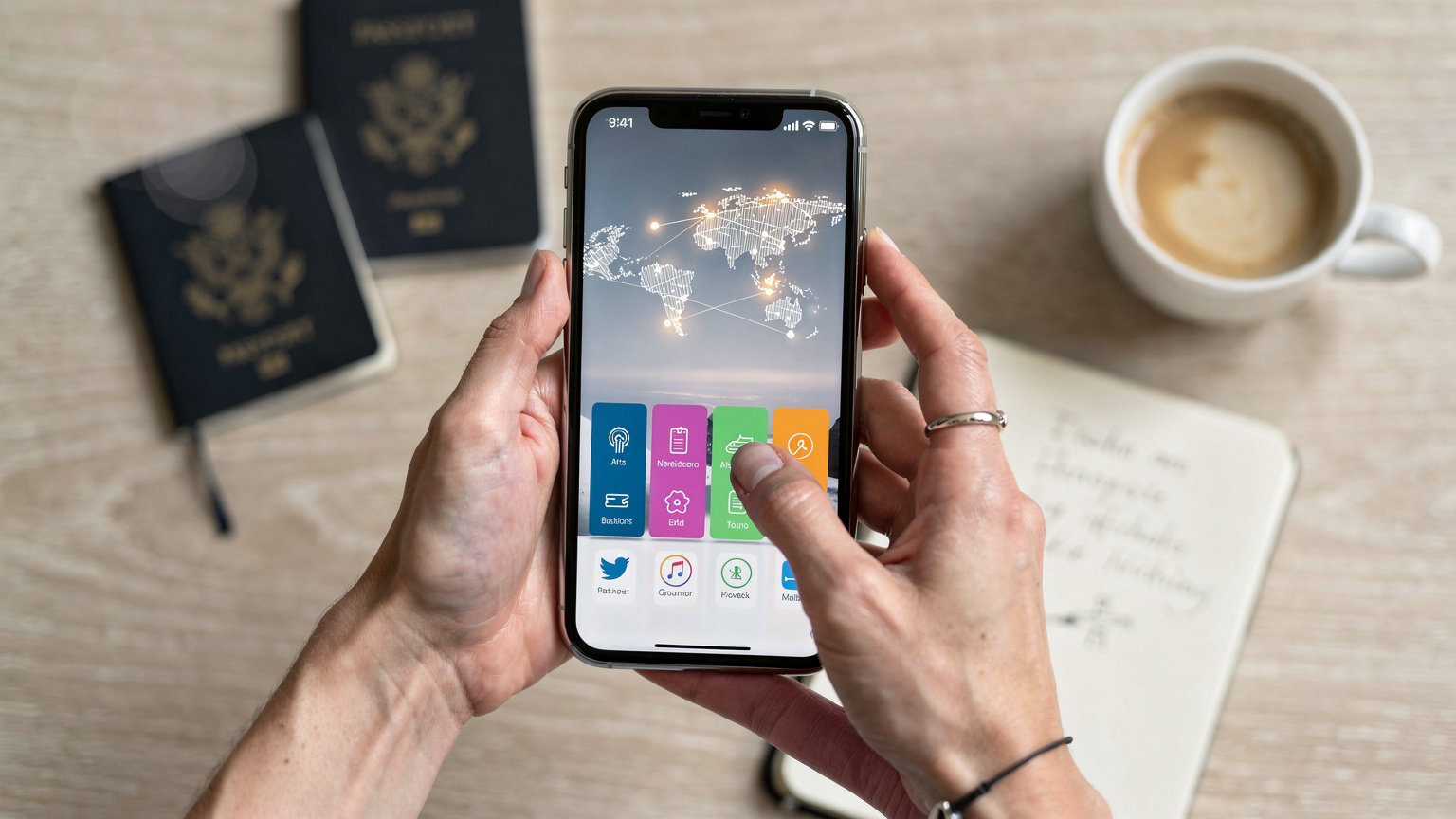 Un primo piano delle mani di una donna che scorrono su uno smartphone aperto sull'app Cellesim, con una mappa stilizzata del mondo sullo sfondo, mentre pianifica un viaggio.
