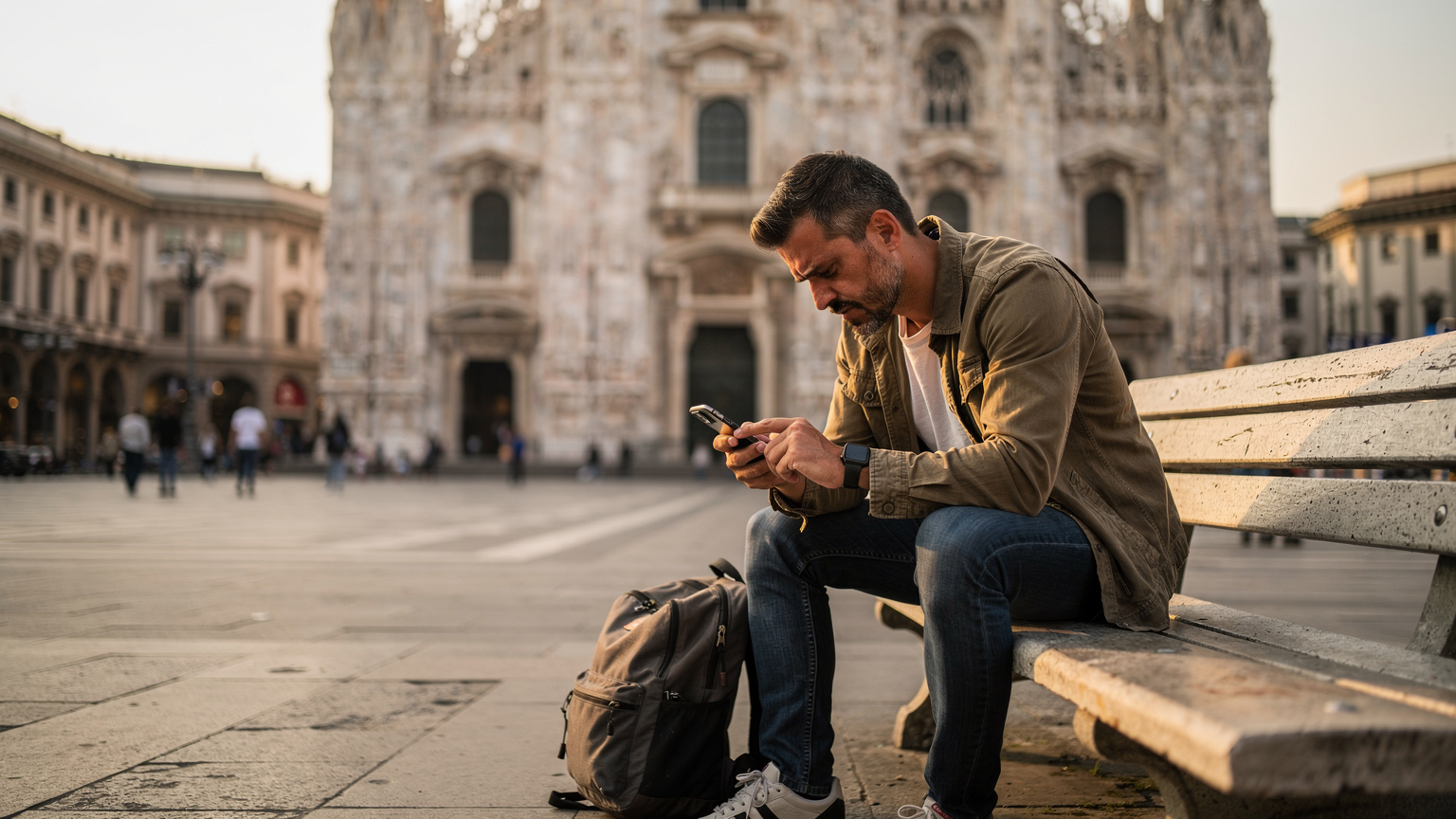 Un uomo con uno zaino seduto su una panchina in Piazza del Duomo a Milano, visibilmente frustrato mentre cerca di capire le impostazioni del suo telefono, con la maestosa Cattedrale sullo sfondo.