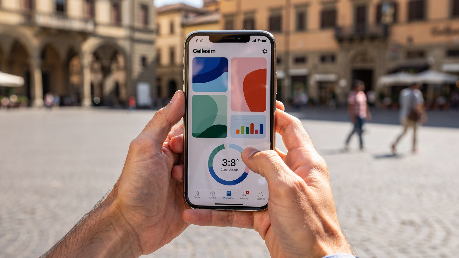 Un primo piano delle mani di un viaggiatore che scorrono sull'app Cellesim su uno smartphone, mostrando i piani dati disponibili e il consumo in tempo reale, con uno sfondo sfocato di una piazza europea.