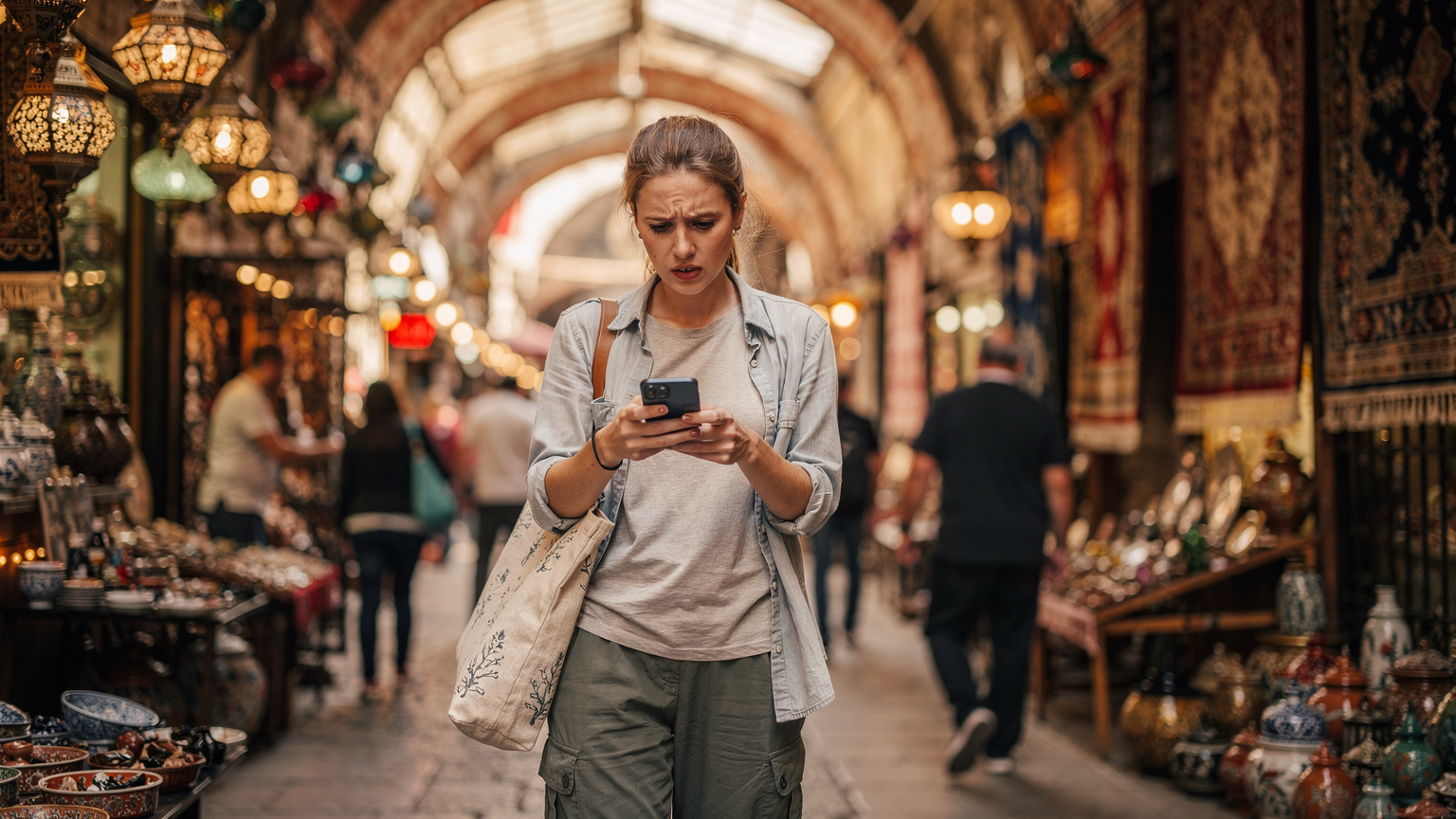 Una giovane donna in un affollato mercato di Istanbul, con borse della spesa, che guarda il suo smartphone con un'espressione confusa o preoccupata, circondata da colori vivaci e persone.