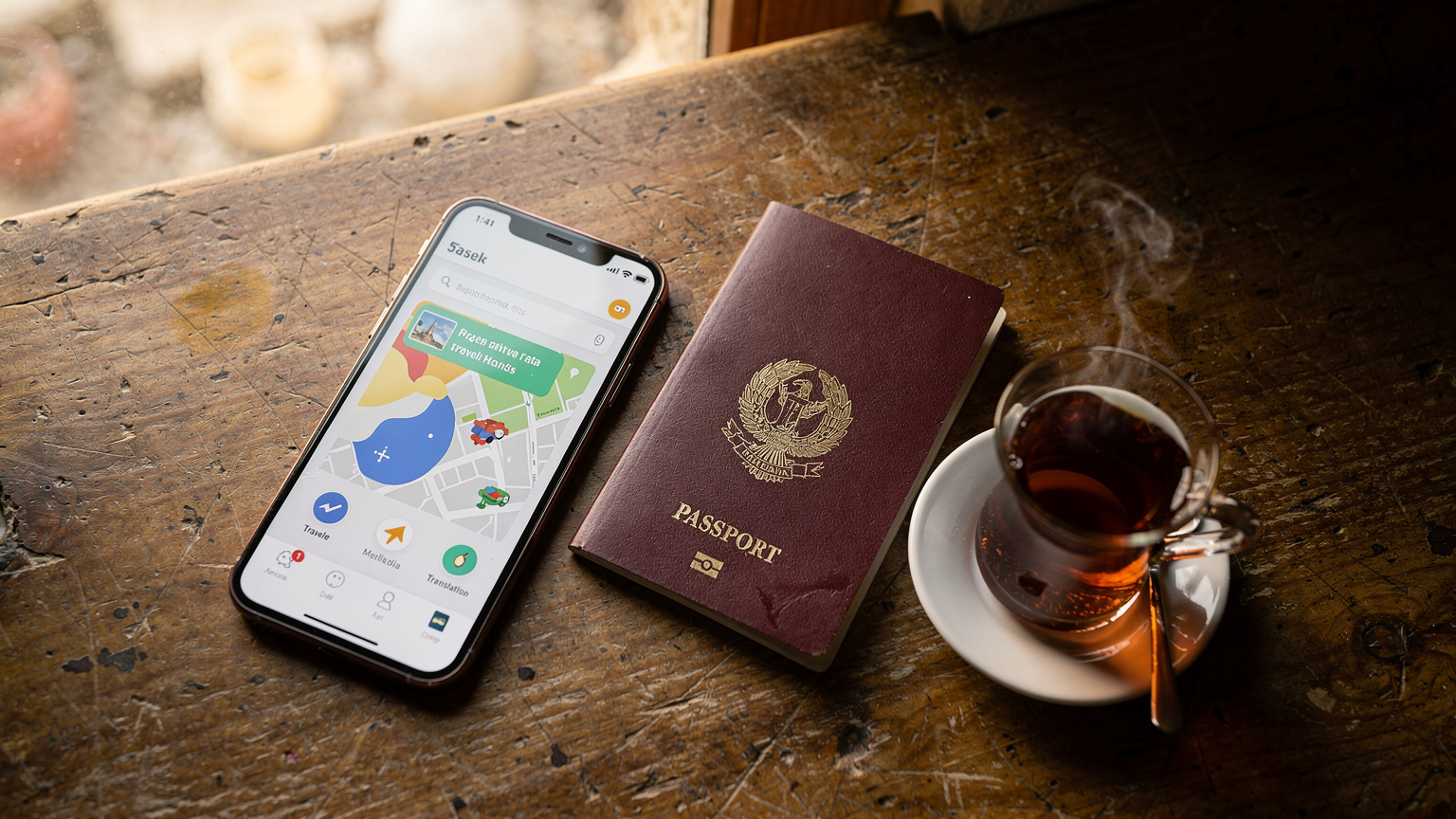 Un smartphone affichant une application de voyage avec des icônes pour les données mobiles et les cartes, posé à côté d'un passeport italien et d'une tasse de thé turc sur une table en bois.