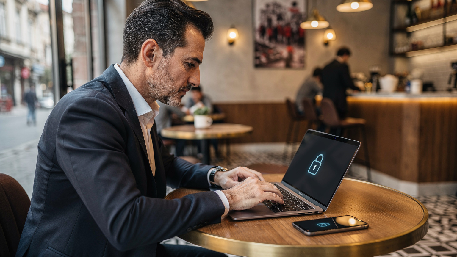 Un homme d'affaires élégant travaille sur un ordinateur portable dans un café moderne à Beyoğlu, Istanbul, avec un smartphone à côté, affichant une icône de VPN activé.