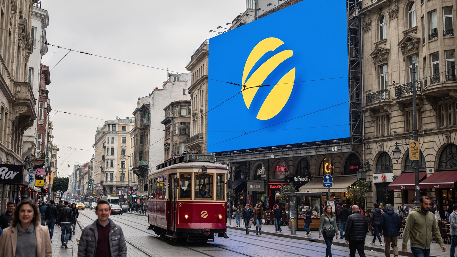 Un grand panneau d'affichage du réseau mobile Turkcell avec son logo, visible au-dessus d'une rue animée de Beyoğlu, Istanbul, avec des piétons et des tramways rouges en contrebas.