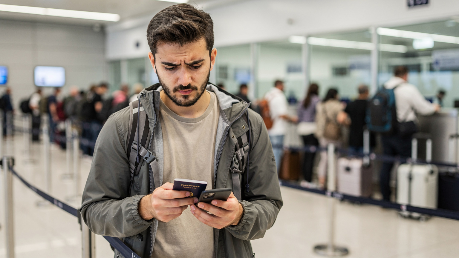 İstanbul Havalimanı'nda pasaport kontrol kuyruğunda bekleyen, elinde pasaportu ve telefonu olan, seyahat belgelerini kontrol eden bir gezgin.