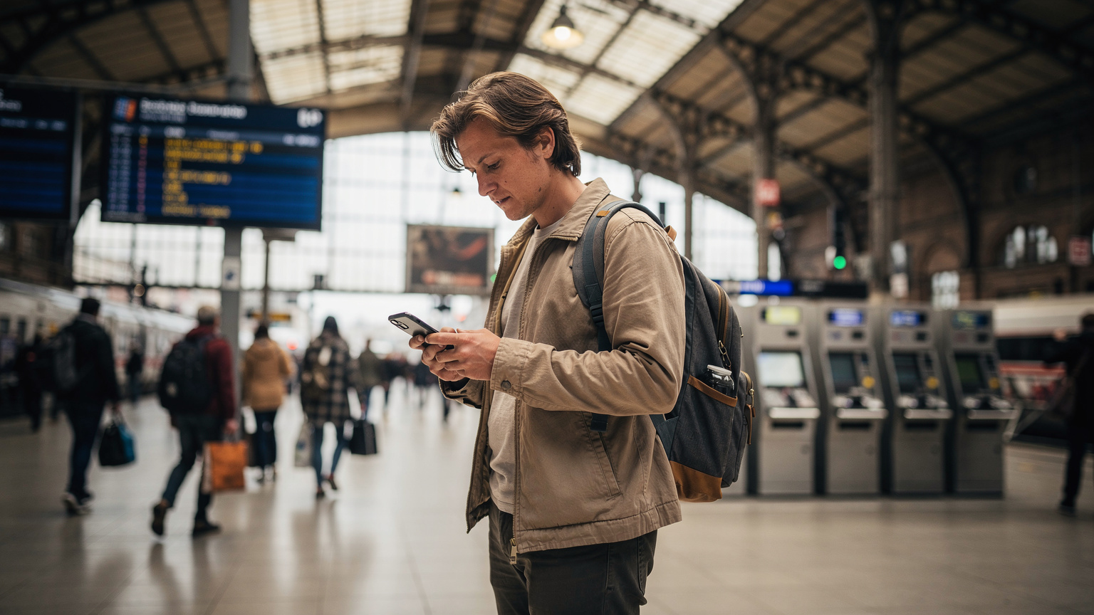 A traveler checking her phone for directions amidst the bustling main hall of Brussels-Midi train station, surrounded by blurred commuters.