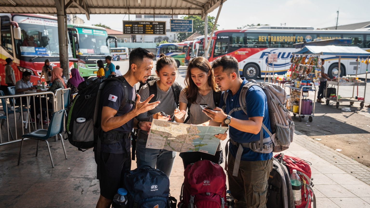Sekumpulan backpacker sedang berbincang sambil melihat peta dan telefon pintar di sebuah stesen bas yang sibuk di Asia Tenggara, dengan bas-bas tempatan menunggu di latar belakang.