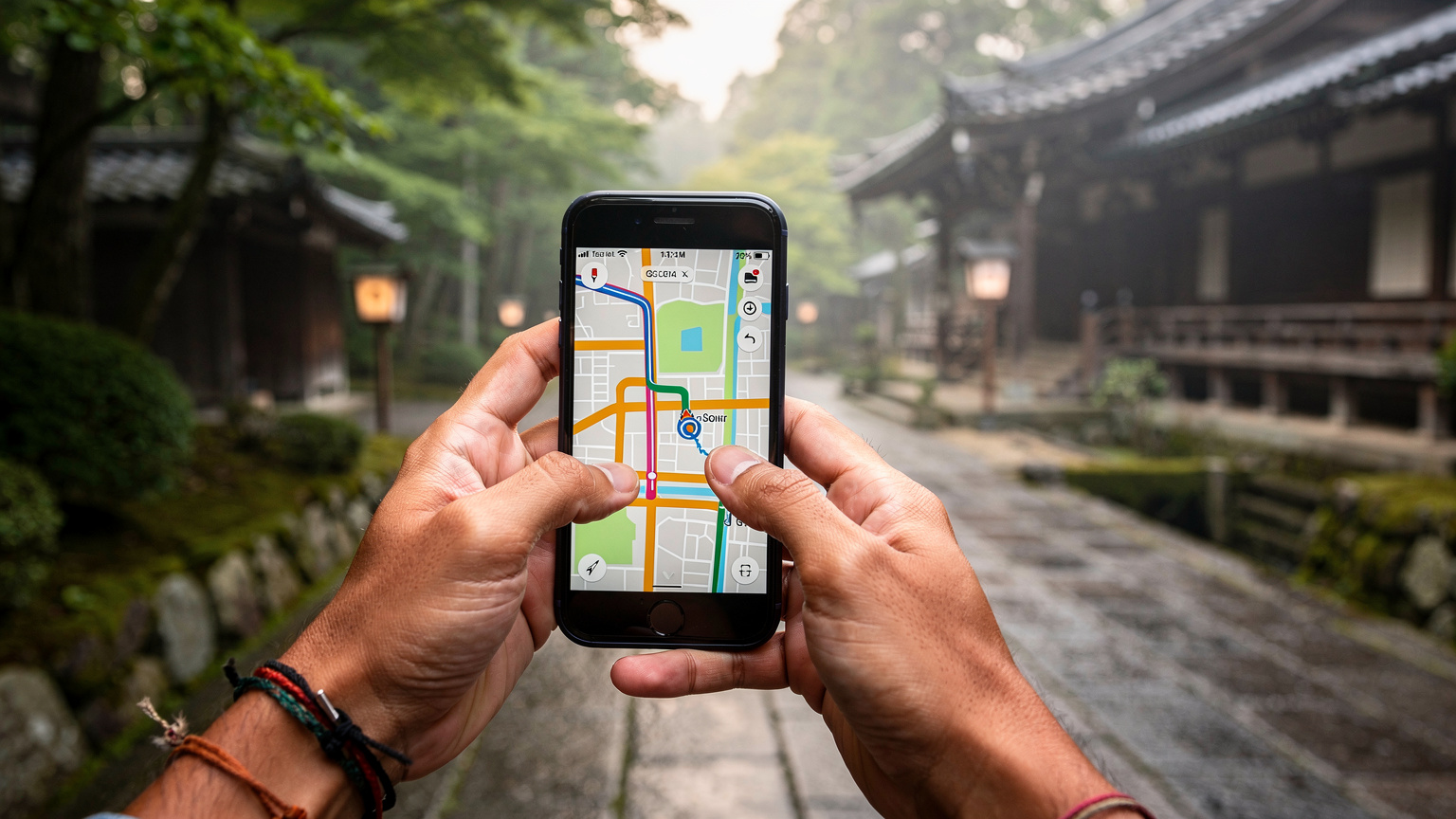 Tangan seorang backpacker memegang telefon pintar dengan aplikasi peta terbuka, menunjuk arah ke sebuah kuil purba di Kyoto, Jepun, di tengah suasana jalan yang tenang pada waktu pagi.