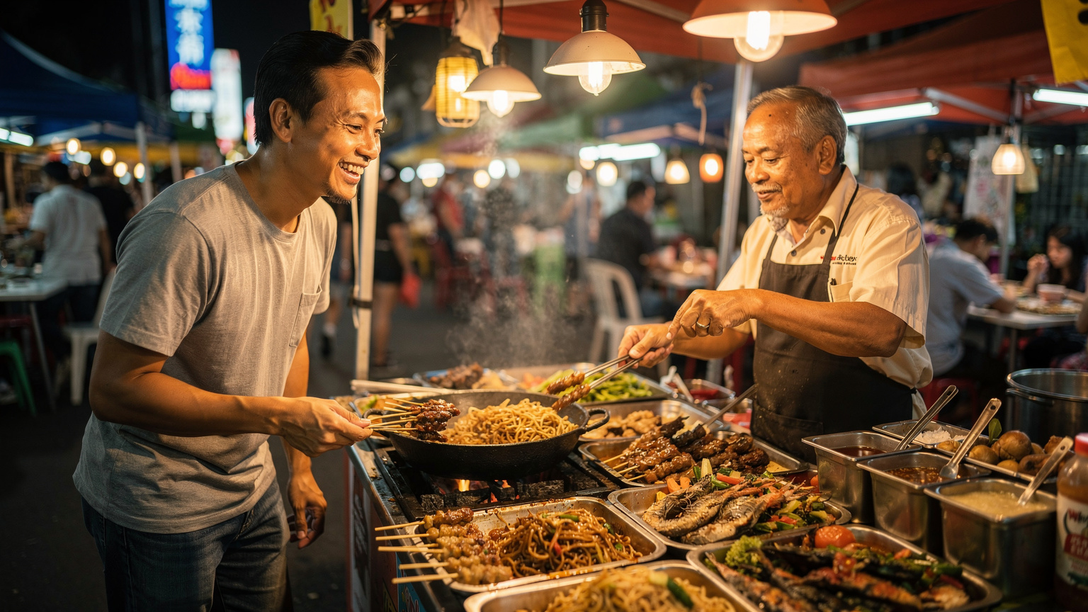 Seorang lelaki Malaysia berinteraksi dengan penjual makanan jalanan yang tersenyum di pasar malam yang terang benderang di Jalan Alor, Kuala Lumpur, suasana meriah dengan pelbagai hidangan.