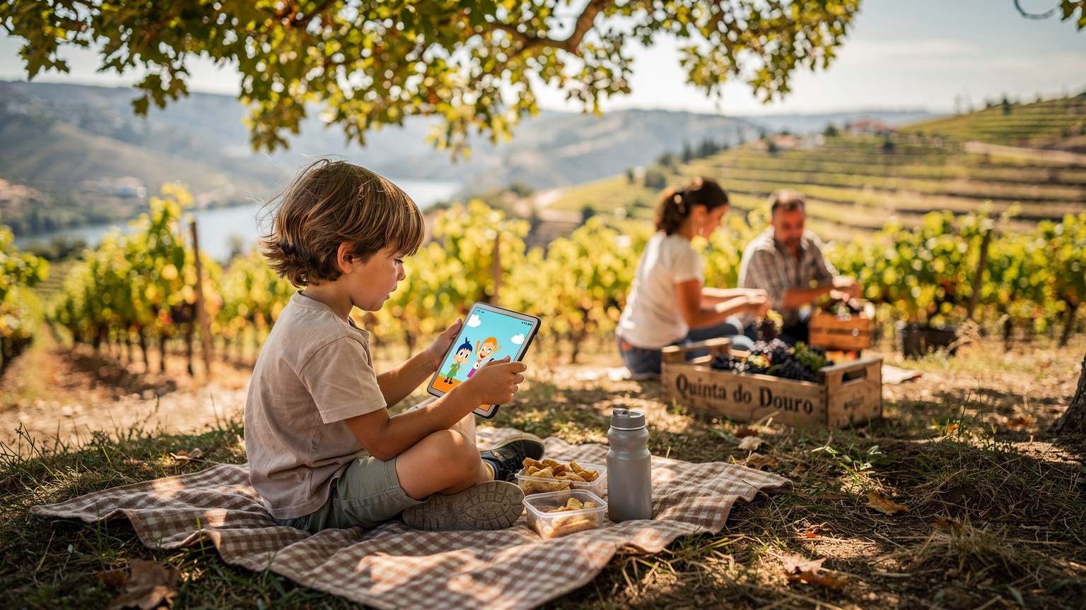 Uma criança usando um tablet para assistir a um desenho, enquanto no fundo, pais colhem uvas em um vinhedo do Douro, Portugal.