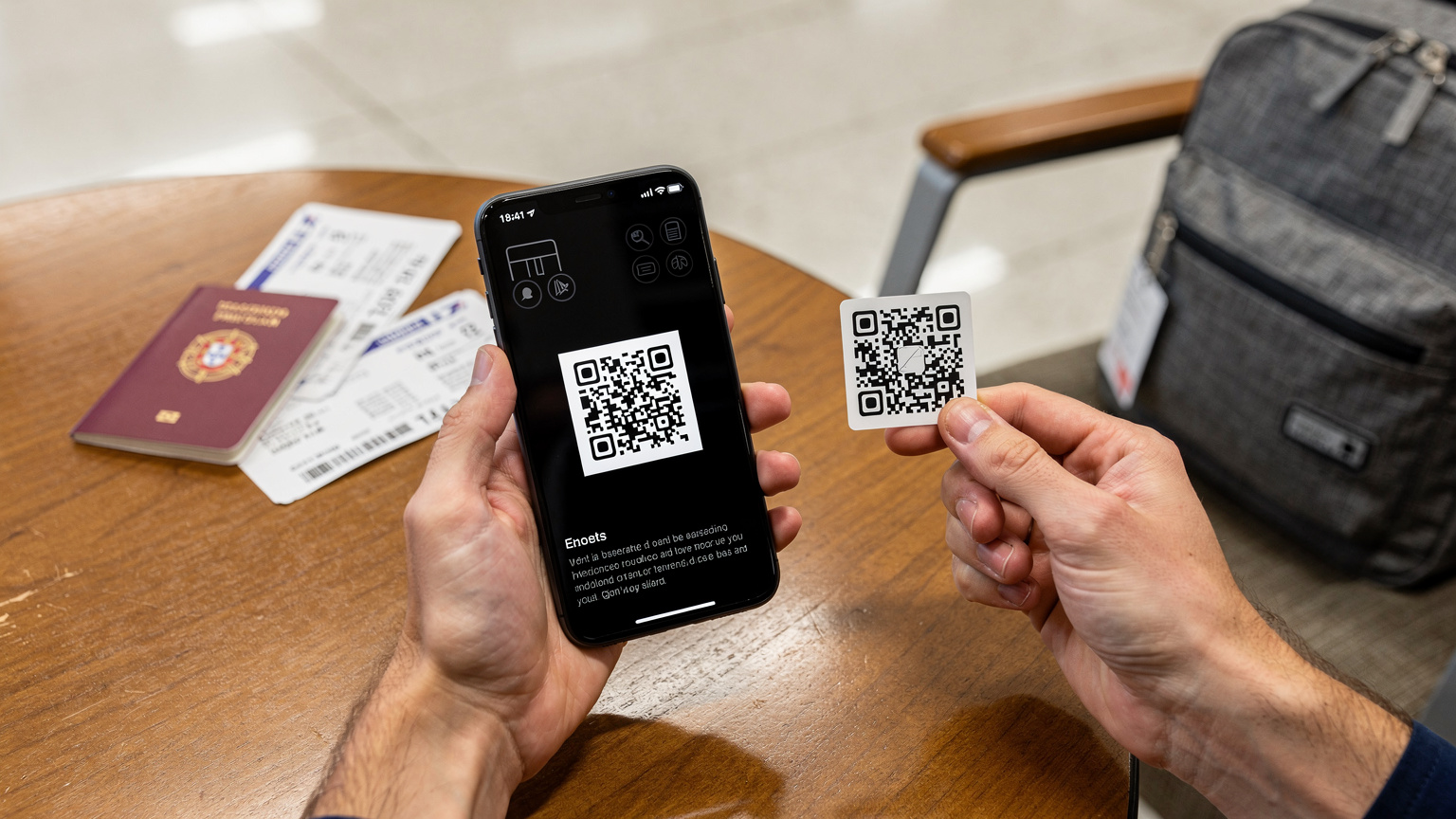 Close-up das mãos de uma pessoa segurando um smartphone, escaneando um código QR de ativação de eSIM, com um passaporte português e cartões de embarque em uma mesa de aeroporto.